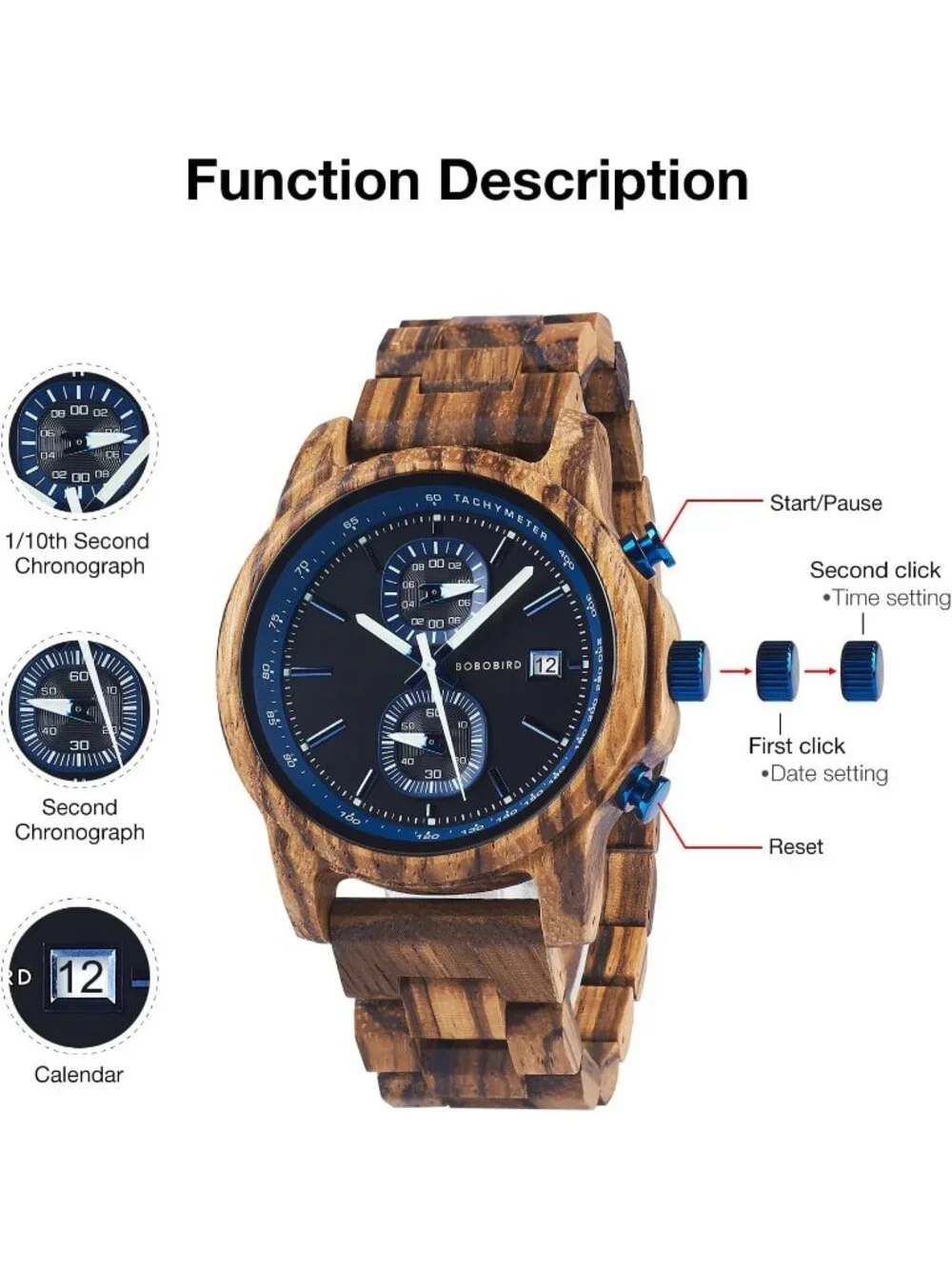 Men's Blue Analog Quartz Ultra-Light Luminous Chronograph Casual Wooden Watch